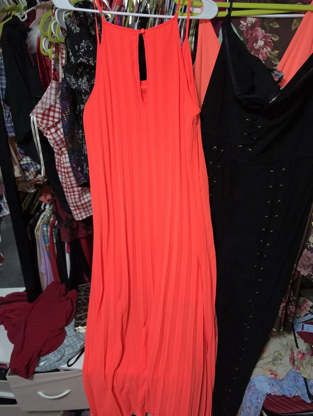 Decree Neon Coral Plisse Dress Large
